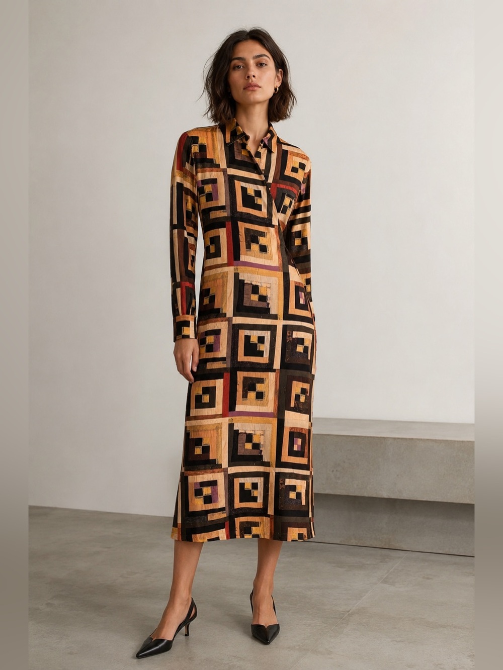 ROSETTA GETTY Long-Sleeve Drape Panel Patchwork-Quilt Print Silk Shirtdress sz 0